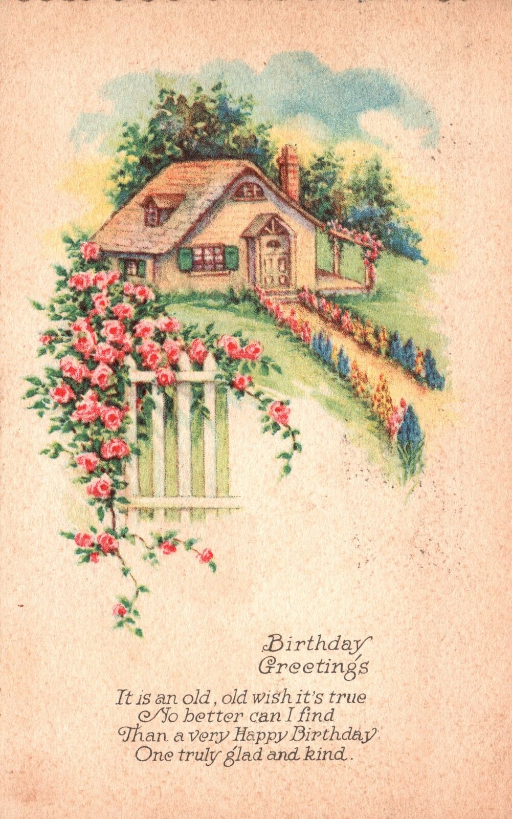 Vintage Postcard 1928 One Truly Glad & Kind Happy Birthday Greetings Card House