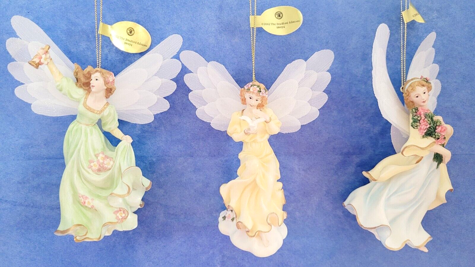 3 The Bradford Editions Wings of Enlightenment Angels Ornaments Sparkle 2002 VTG