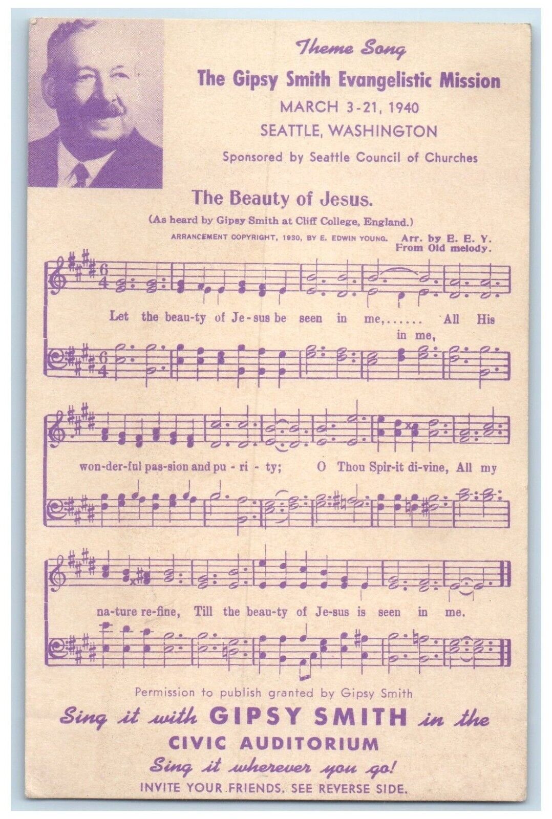 c1940 Theme Song Gipsy Smith Evangelistic Mission Seattle Washington WA Postcard