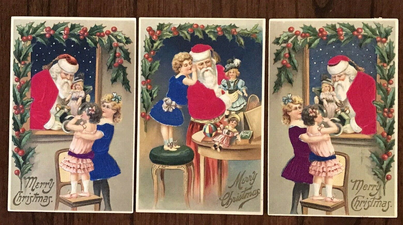 Quality ~Lot of 3~SILK SANTA CLAUS~with~Children~Dolls~Christmas~Postcards~h609