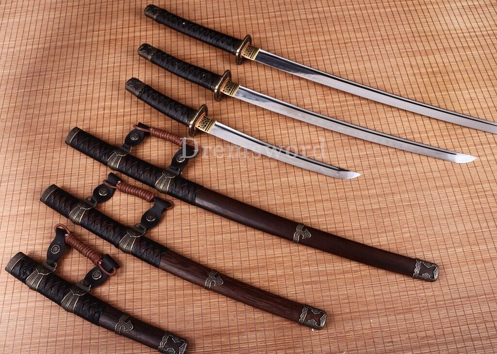 3Pcs T10 Steel Clay Temper Tachi Daisho Japanese Samurai Katana Sword Real Hamon