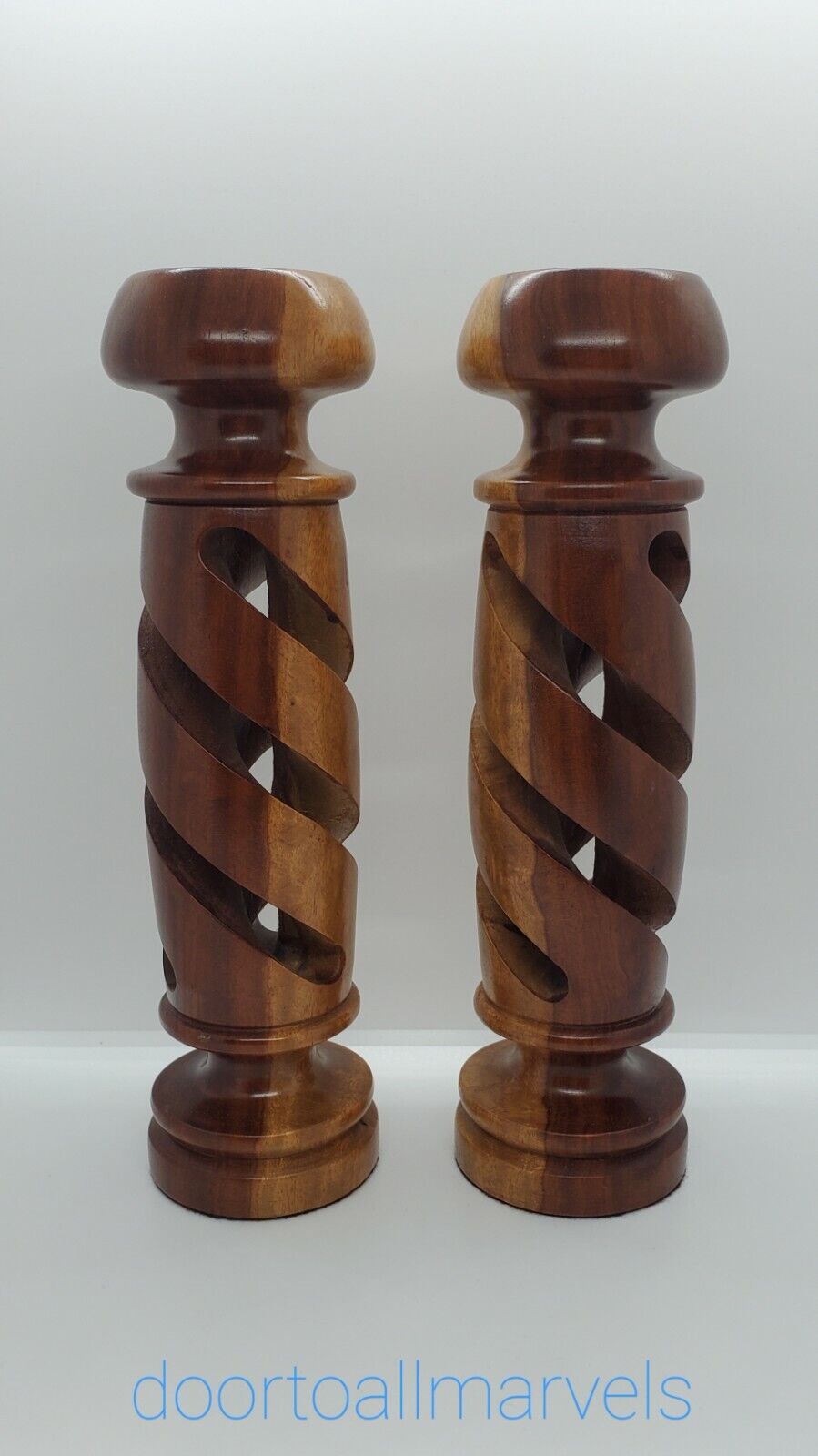 Mid-Century Modern Carved Wood Candle Holders Two-Tone Barley Twist Set of 2 MCM