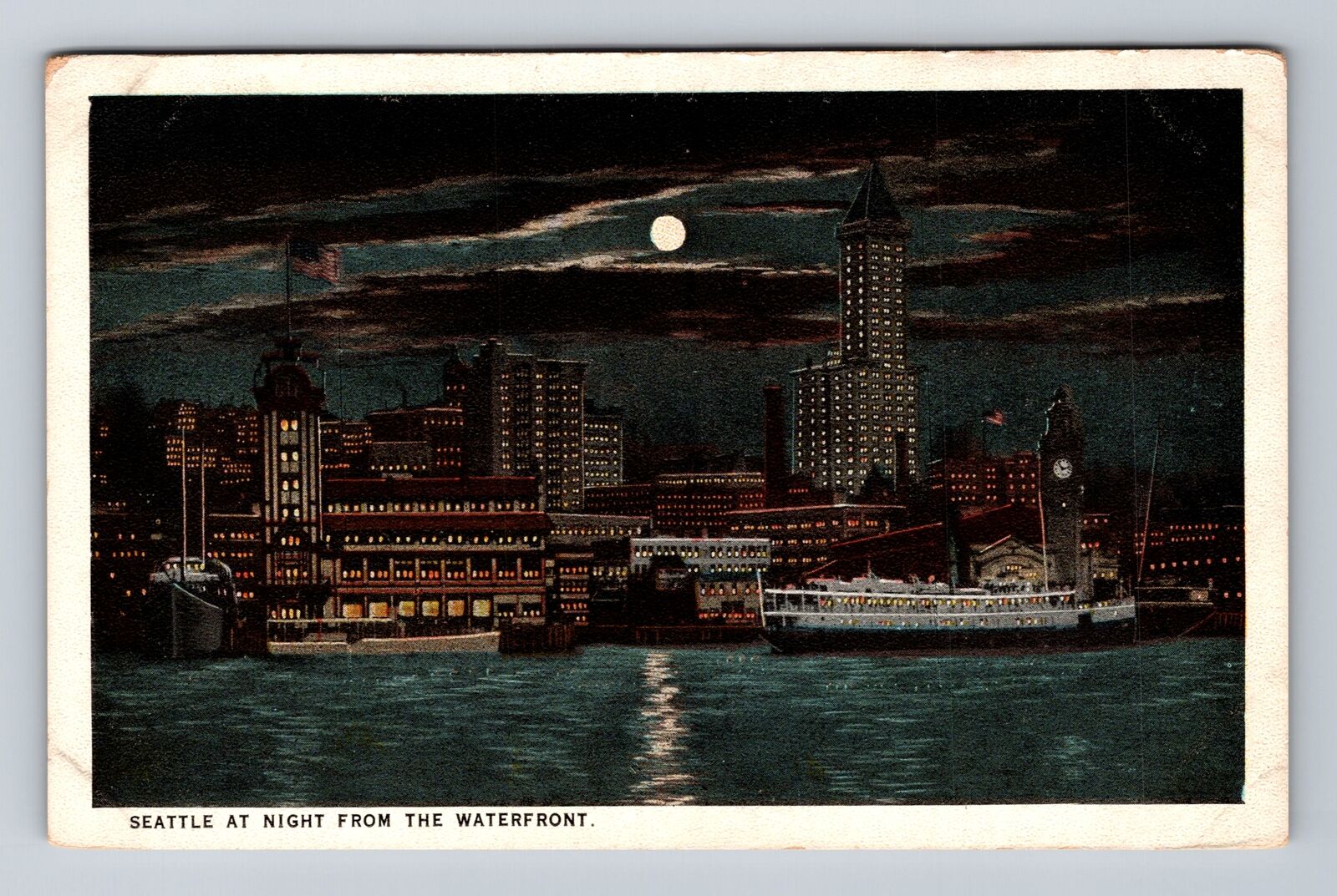 Seattle WA-Washington, Seattle at Night from Waterfront Antique Vintage Postcard