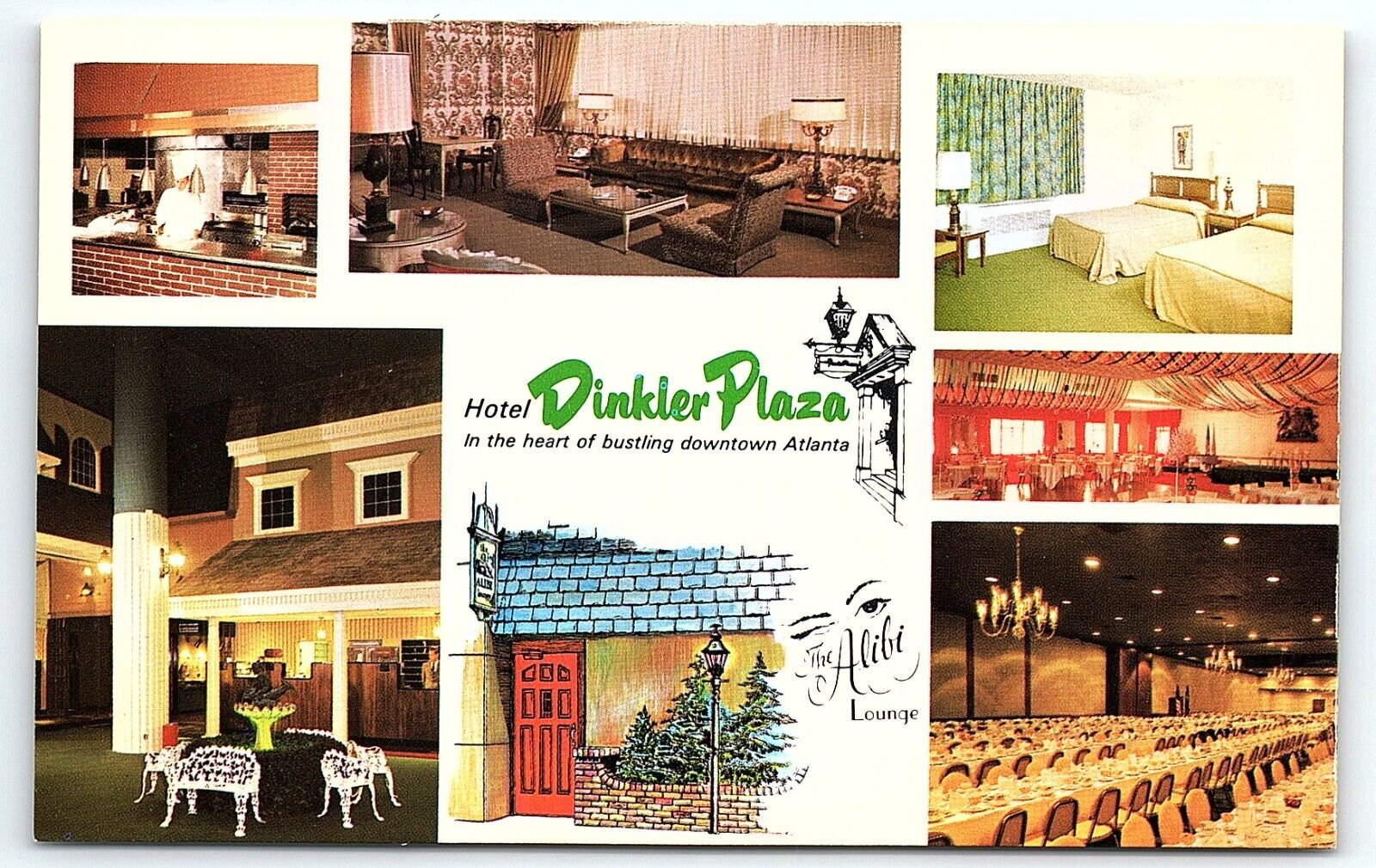 1950s ATLANTA GA HOTEL DINKLER PLAZA ALIBI LOUNGE MULTI-VIEW POSTCARD P4658