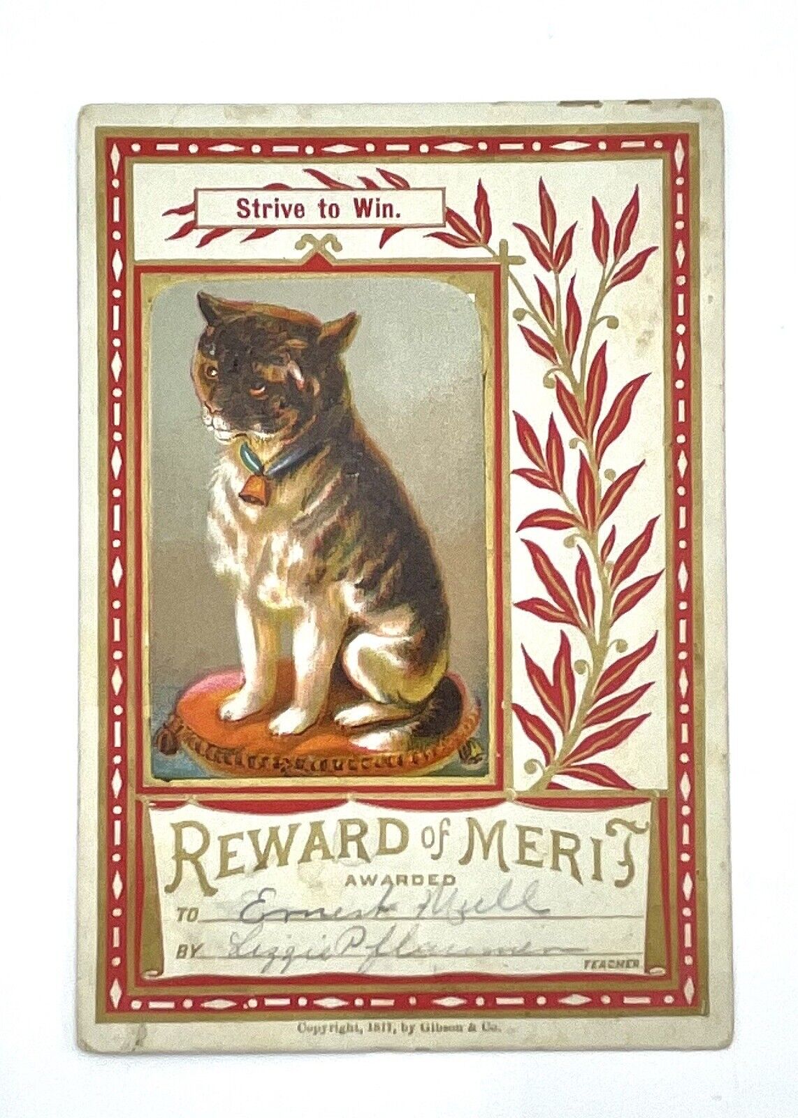 Antique Reward Of Merit Card Copyright 1877 Cat Awarded To Ernest Mull