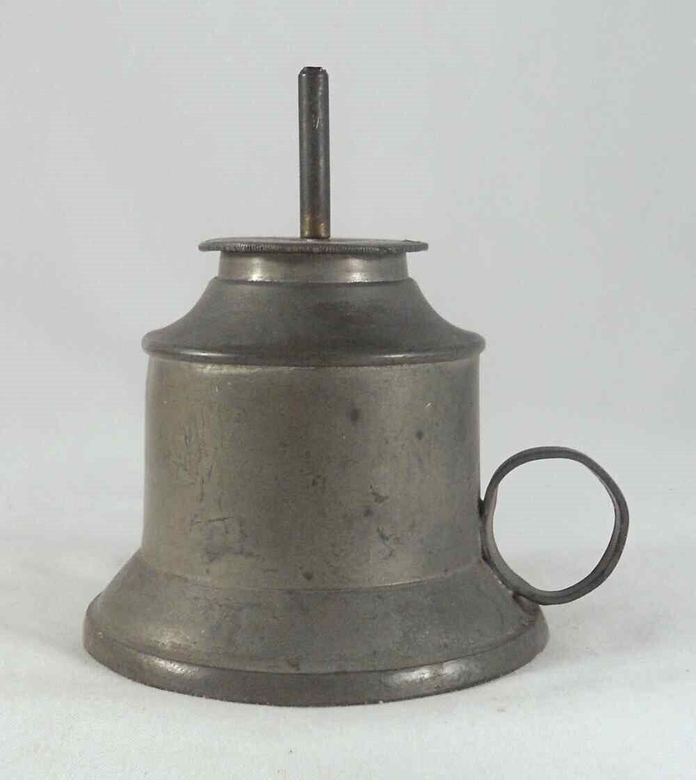 Antique Pewter Small Fluid or Oil Lamp Having Ring Shaped Finger Loop