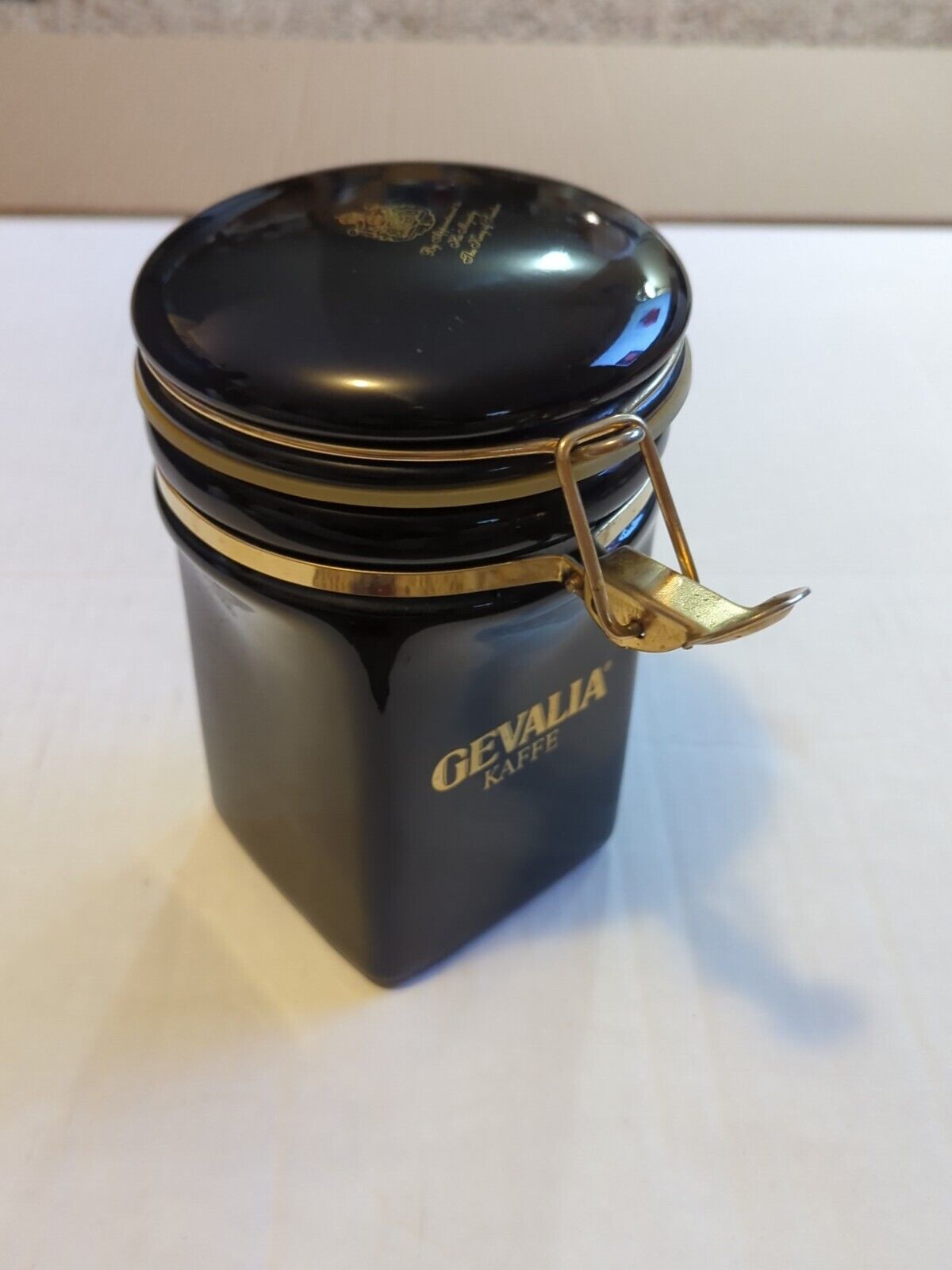 Gevalia Kaffe Coffee Canister Jar Black & Gold Ceramic 7.5\