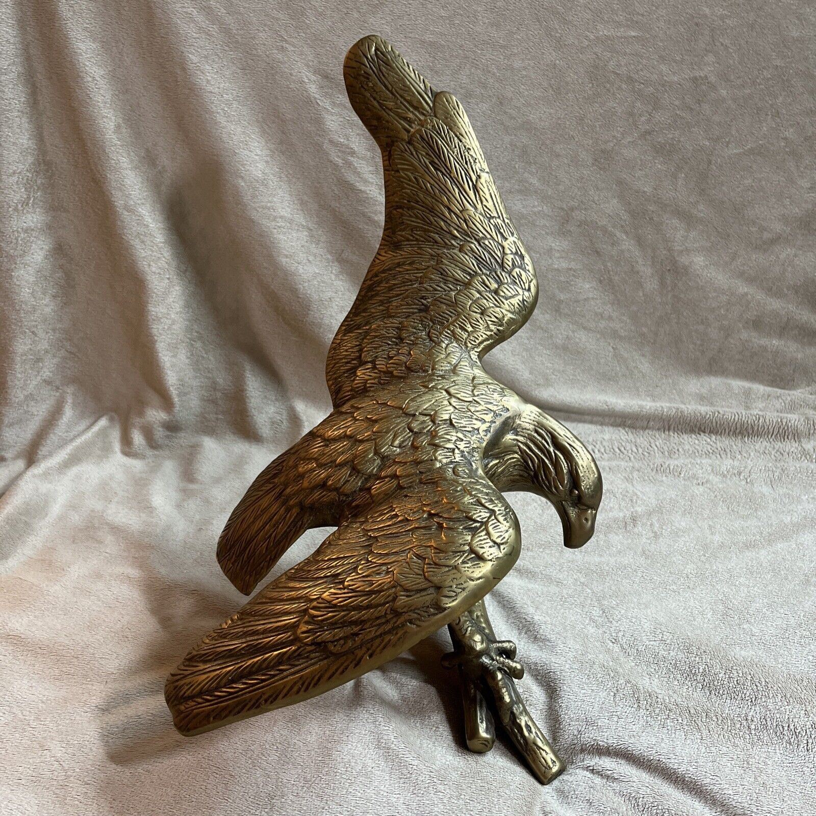Vintage Brass Eagle Statue Landing On Tree Perch Heavy Over 9 Pound 18” Wingspan