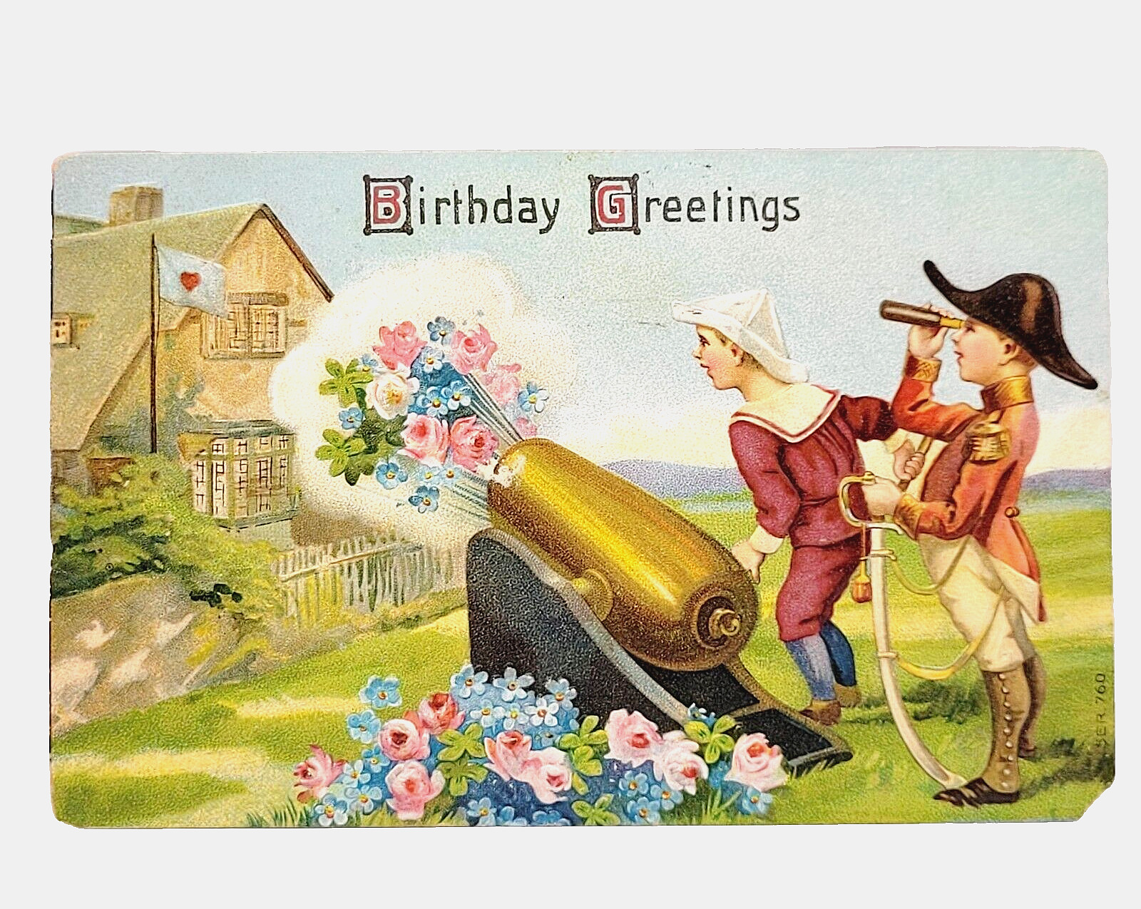Birthday Greetings Military Kids Shoot Flowers Canon 1910s Postcard Cancel Stamp