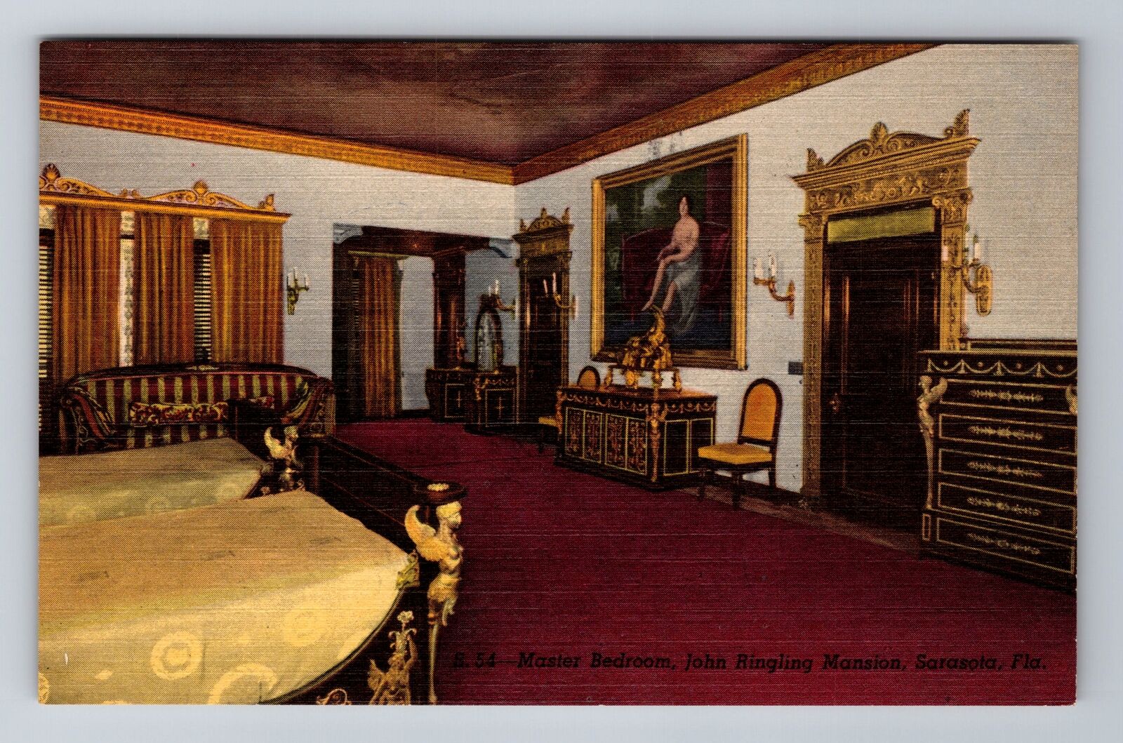 Sarasota FL-Florida, John Ringling Mansion Bedroom, Vintage Souvenir Postcard