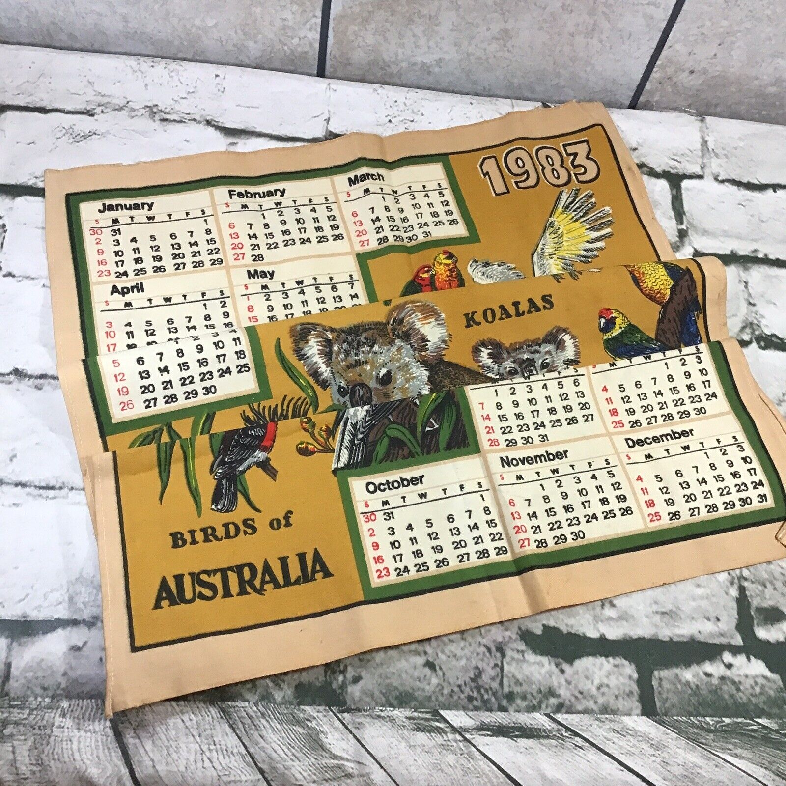 Vintage 1983 Calendar Birds Of Australia Koalas Souvenir Wall Hanging Tea Towel 