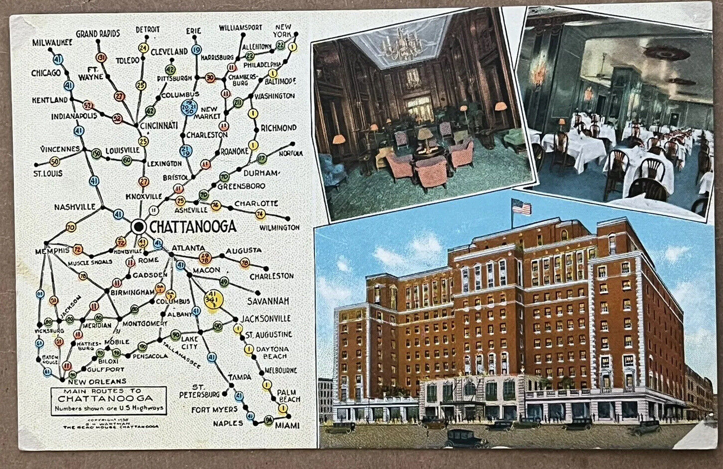 Chattanooga Tennessee Read House Hotel Restaurant Map Postcard
