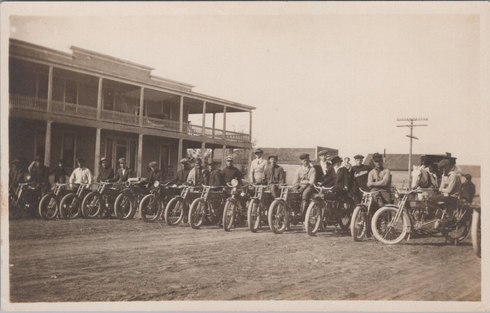 Indian Motorcycle Gathering,14 Motorcycles,Carlsbad Texas c1910s RPPC Postcard