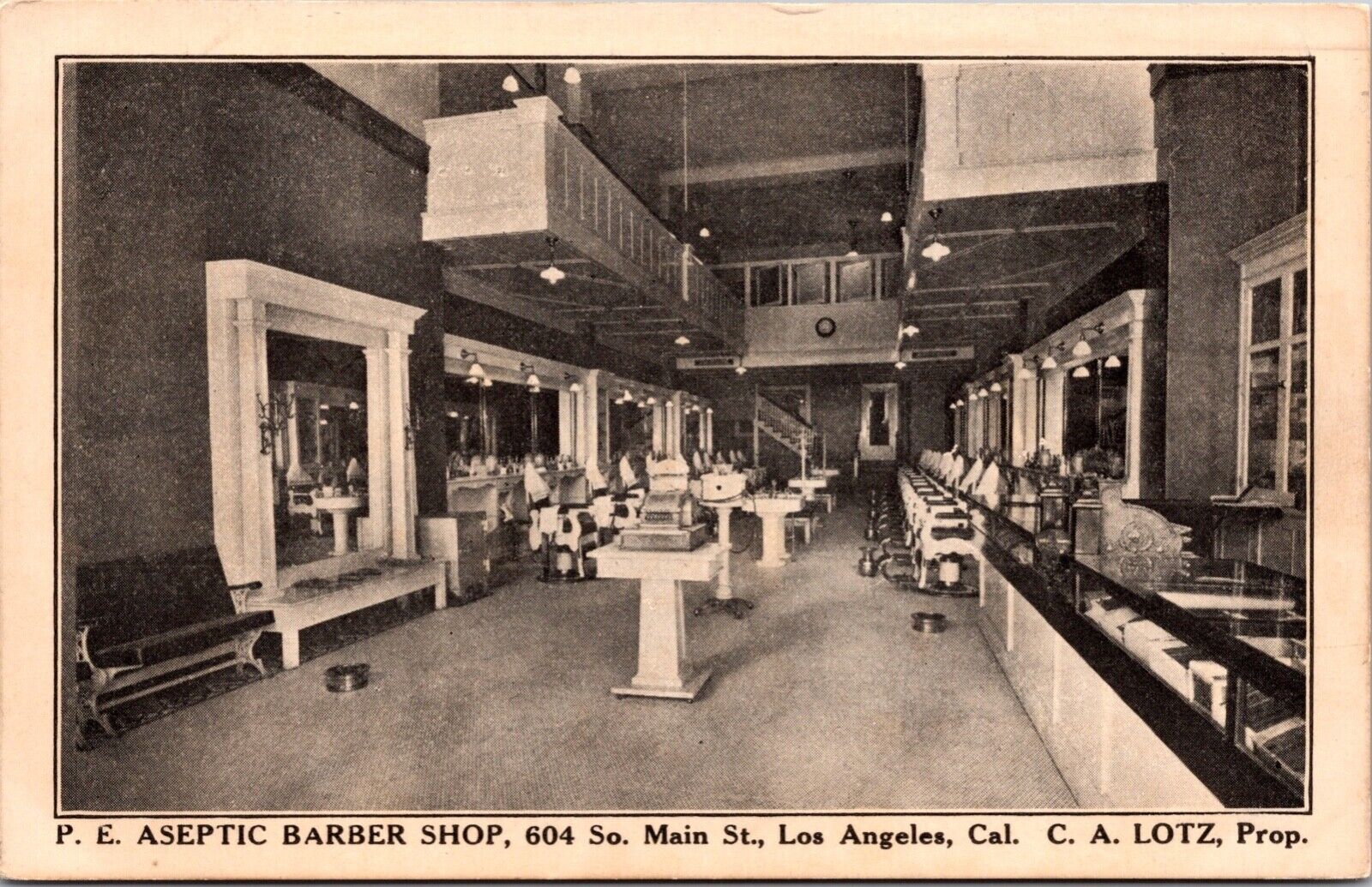 Postcard P.E. Aseptic Barber Shop 604 So. Main Street in Los Angeles, California