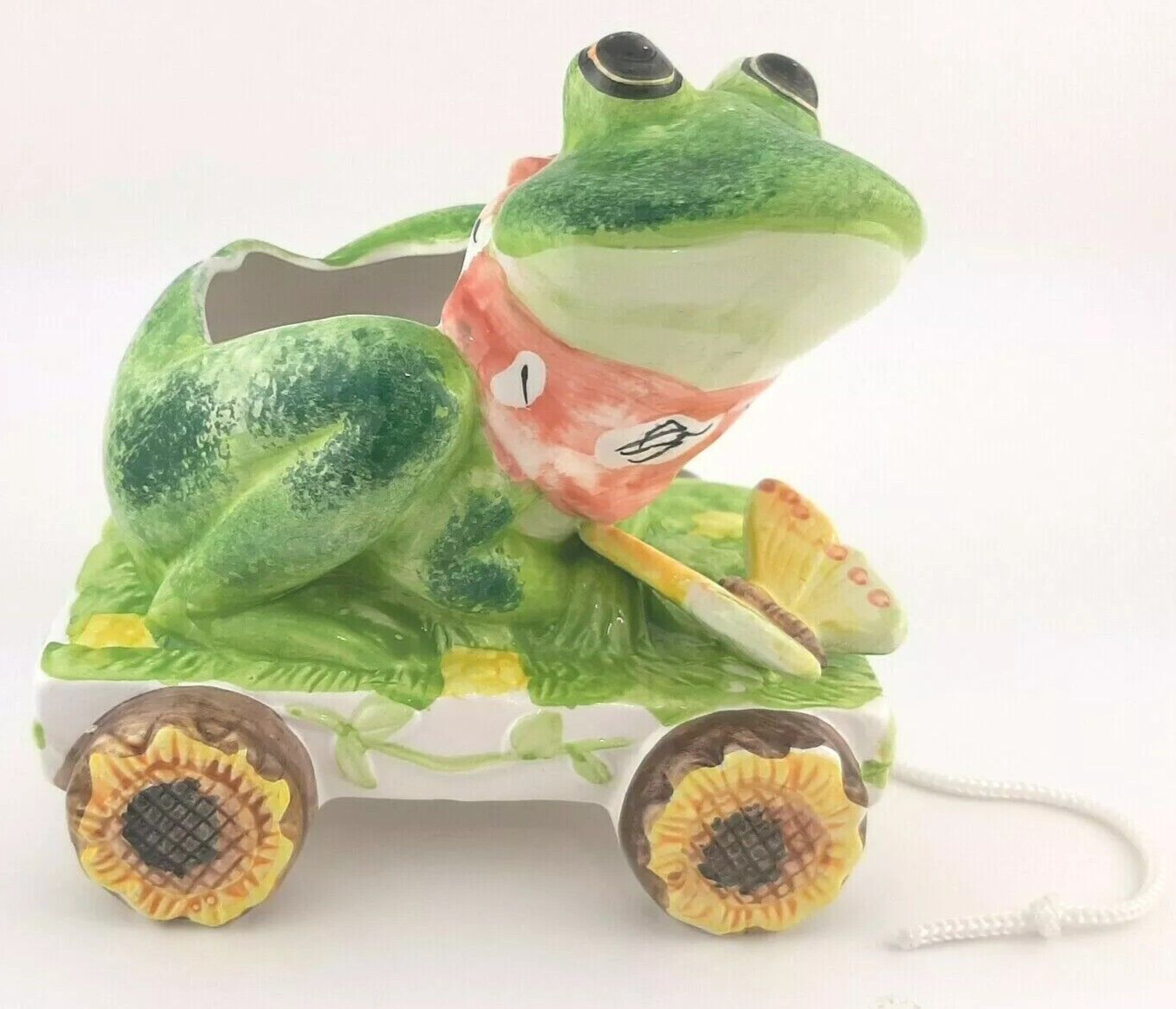 Vintage WCL Ceramic Frog Planter Wagon Butterfly Sunflowers Succulent Vase