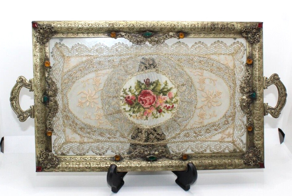 Victorian Brass Jeweled Glass Vanity Tray Hand Embroidered Doily Rose