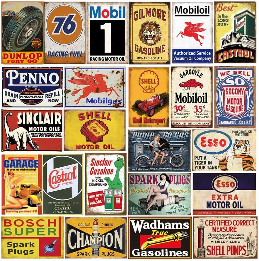 Reproduced Vintage Tin Sign Pack, Gas Oil Retro Advert Antique Metal Signs for G