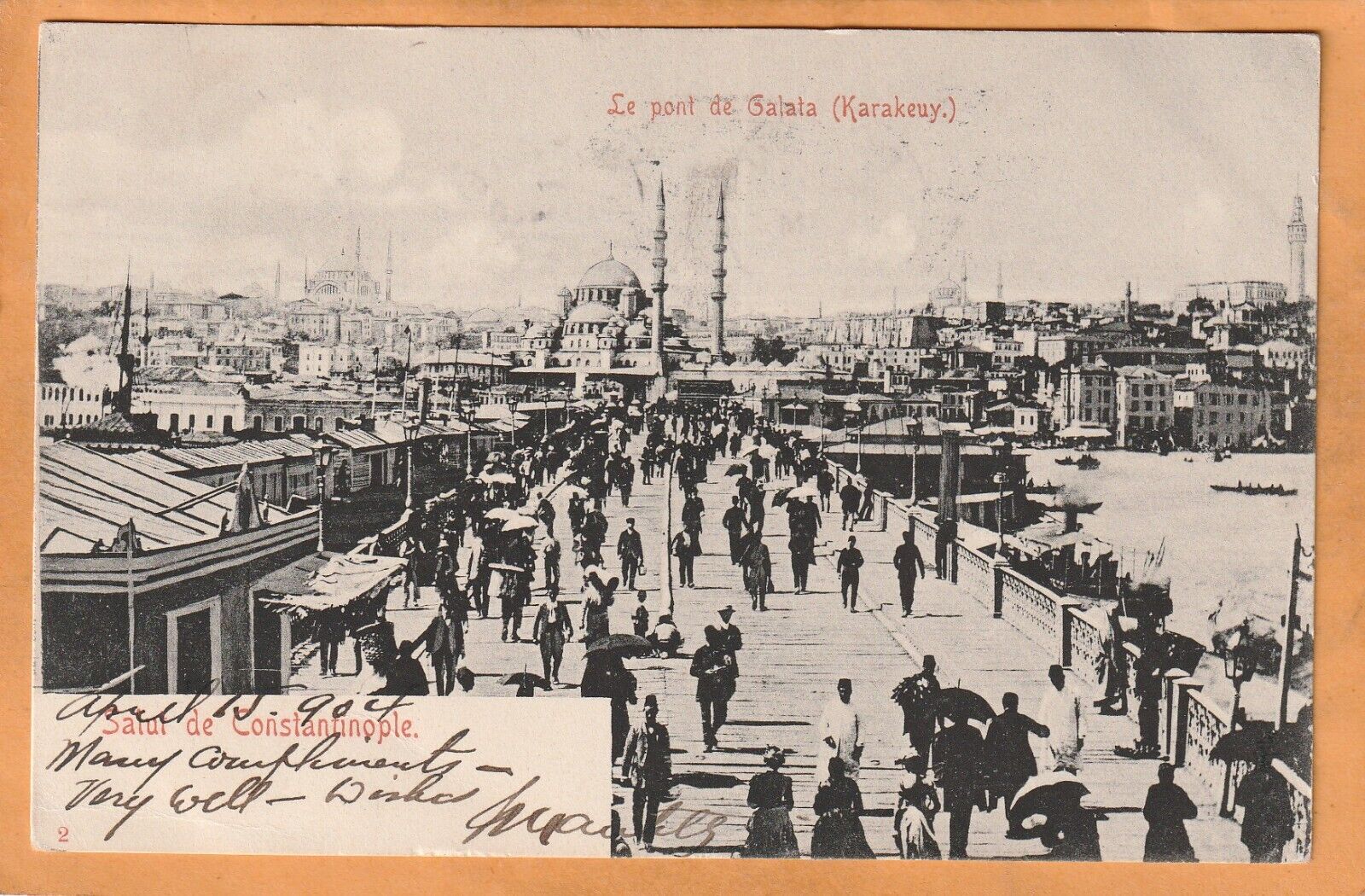 Salut de Constantinople Istanbul Turkey 1904 Postcard Mailed German PO