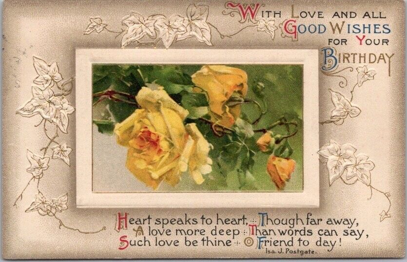 Vintage Winsch HAPPY BIRTHDAY Embossed Postcard Yellow Roses / 1912 Cancel
