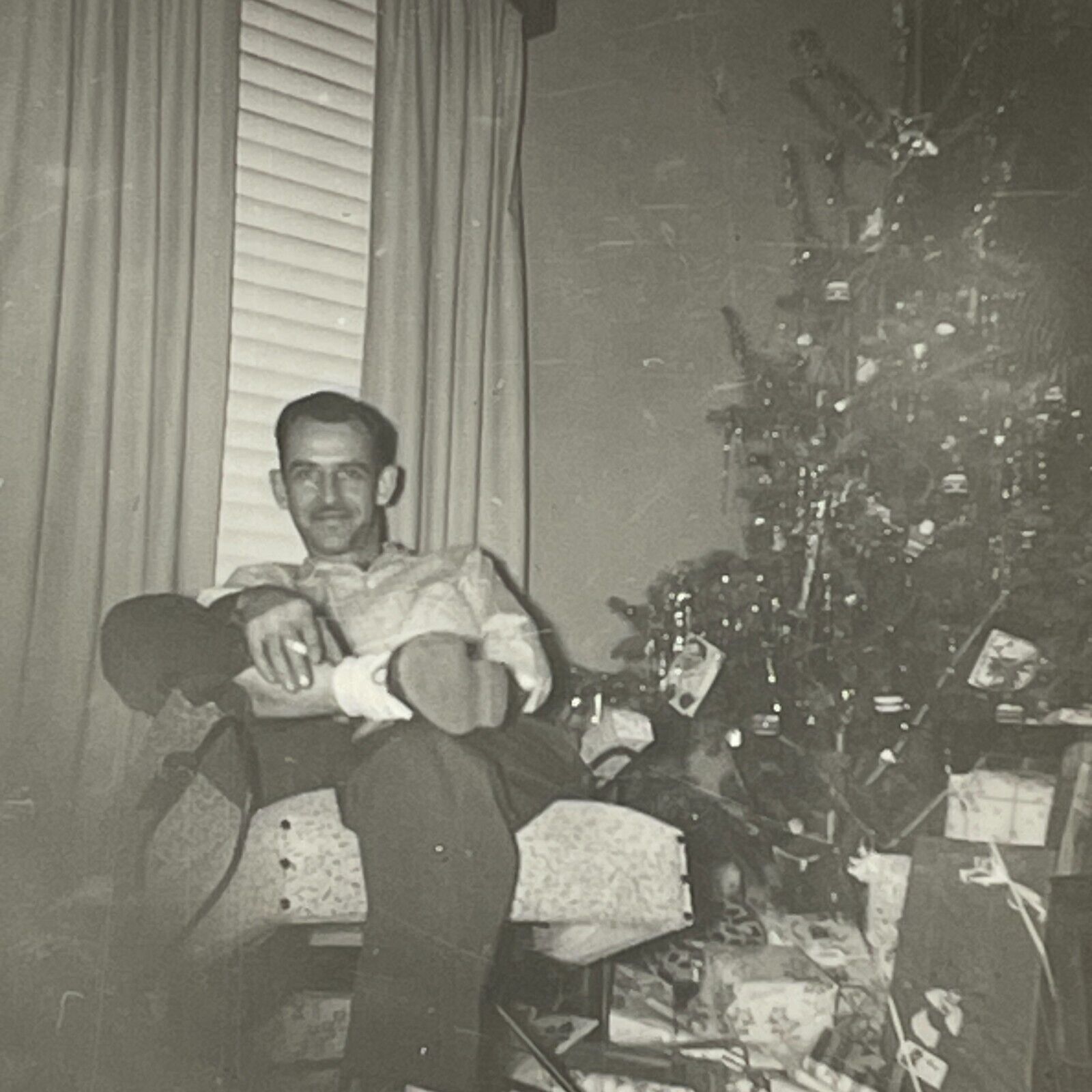 1D Photograph Handsome Man Cigarette Portrait Christmas Tree 1950's