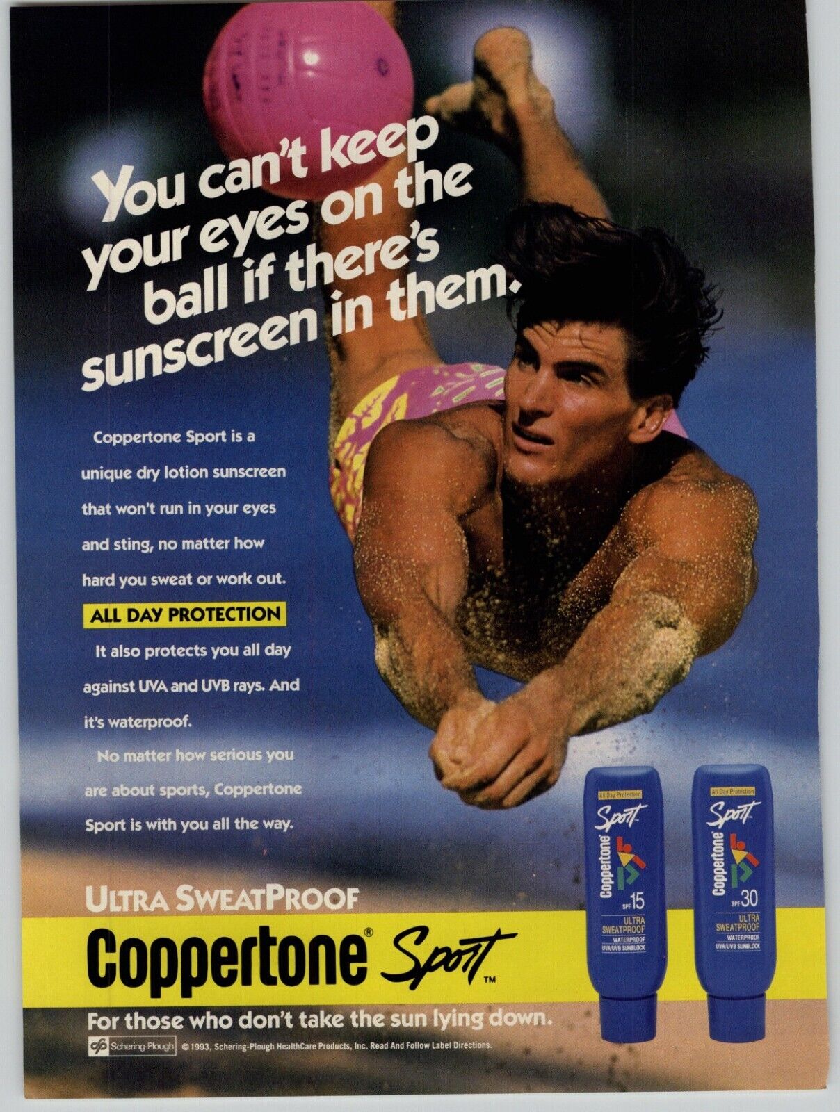 1993 Coppertone Sport Suntan Lotion Vintage Ad Shirtless Volleyball Player 