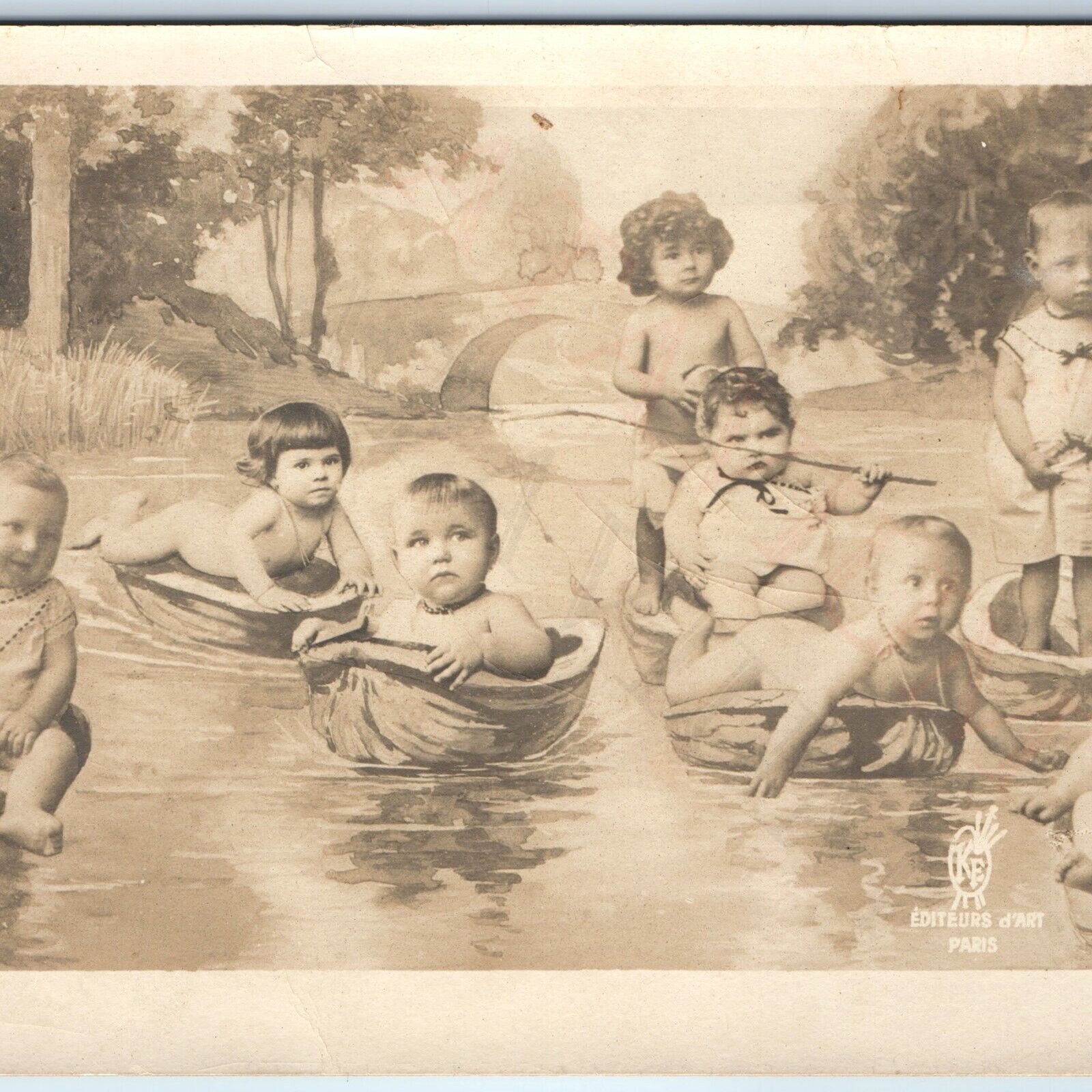 c1910s French Cute Babies RPPC Collage Manipulated Photo Watermelon Cabbage A192