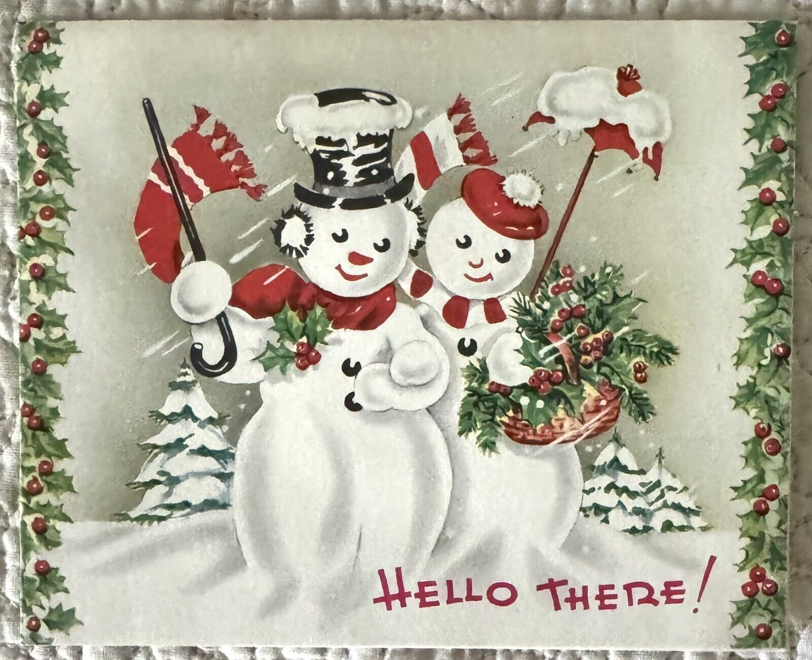 Vintage Christmas Snowman Couple Pair Umbrella Cane Greeting Card 1940s 1950s