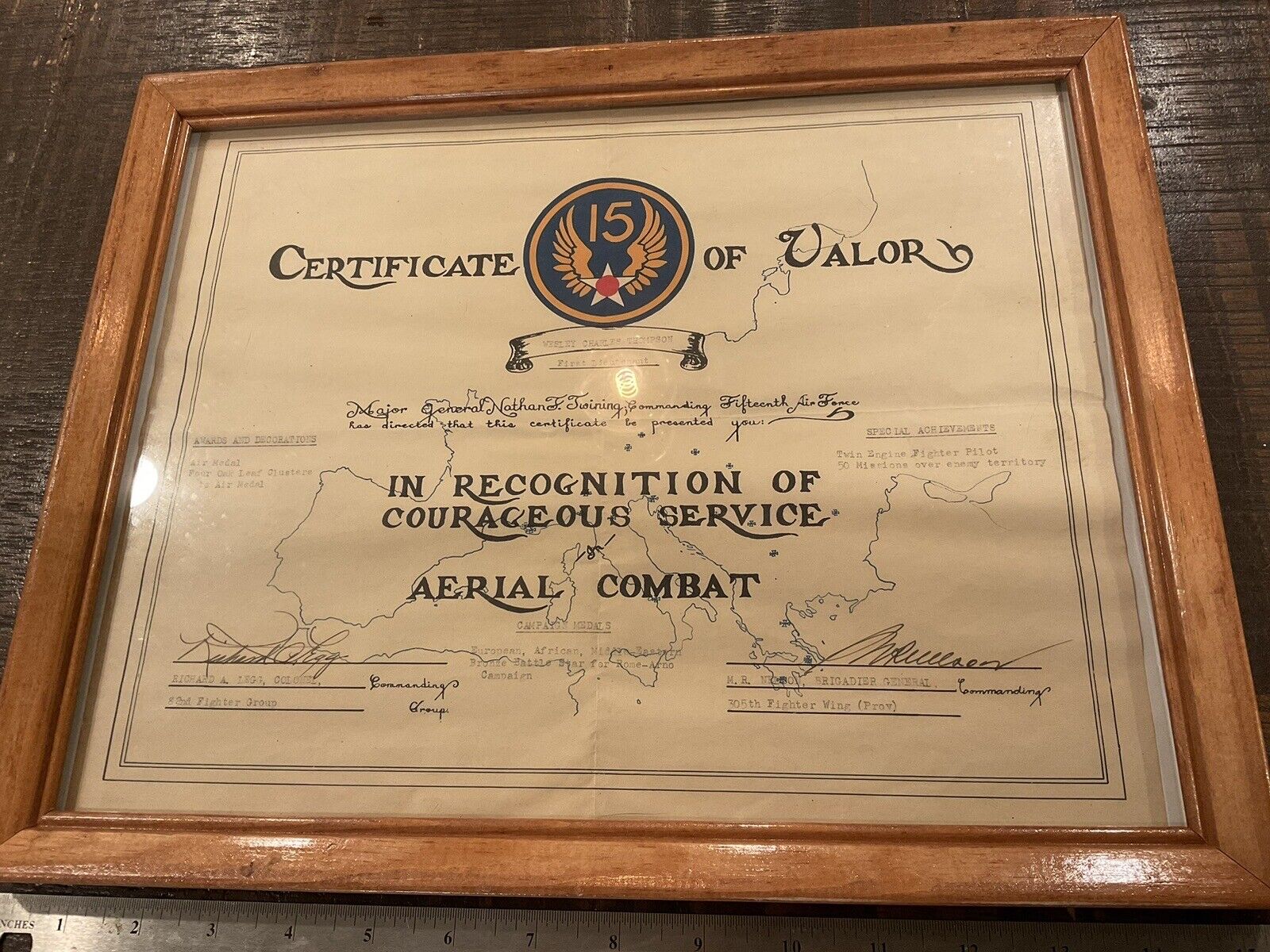 ORIGINAL WWII 15TH AIR FORCE CERTIFICATE OF VALOR TO 96TH FIGHTER SQUADRON PILOT