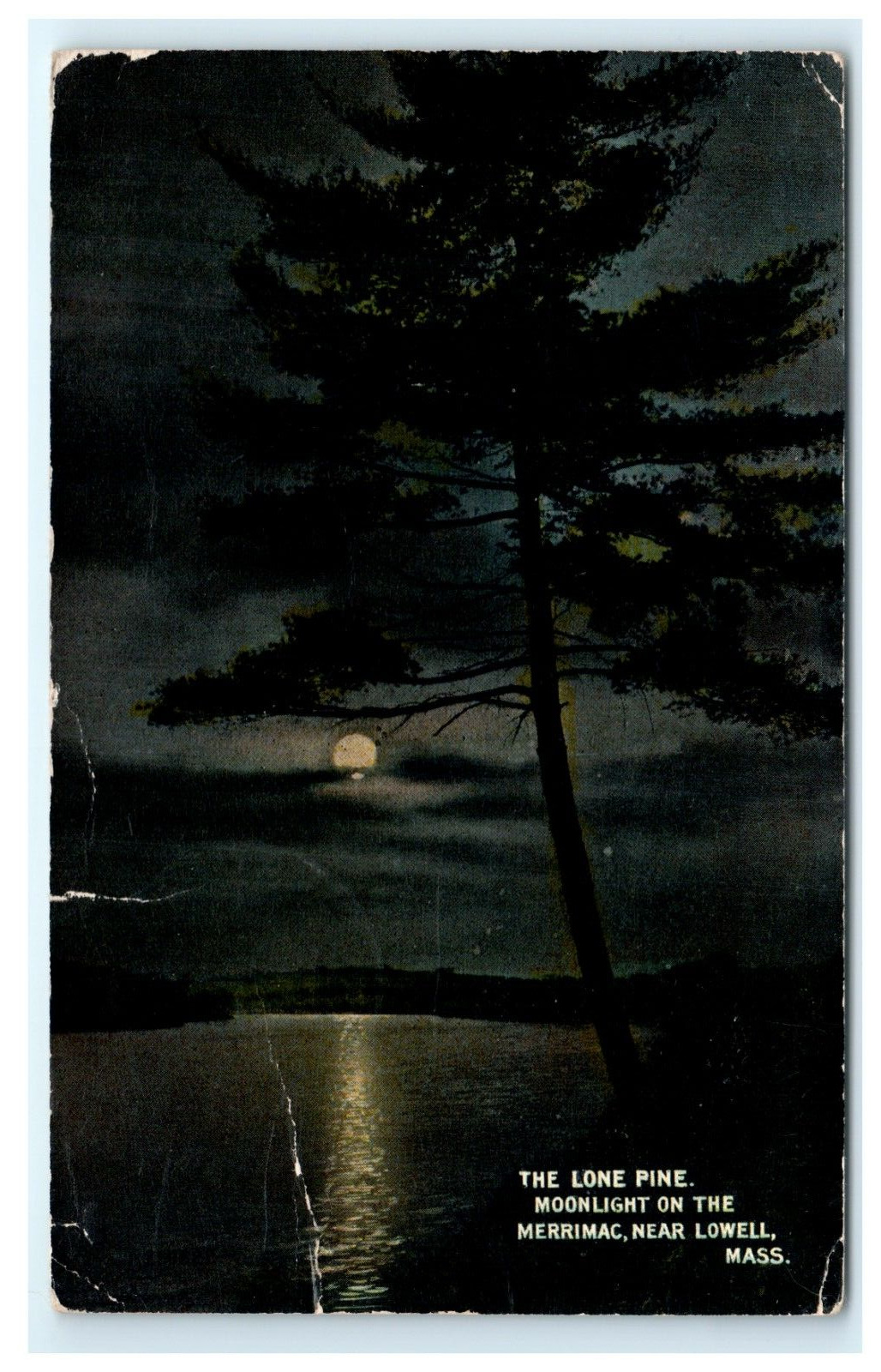 The Lone Pine Moonlight Night Merrimac Lowell MA, Massachusetts Postcard Damaged