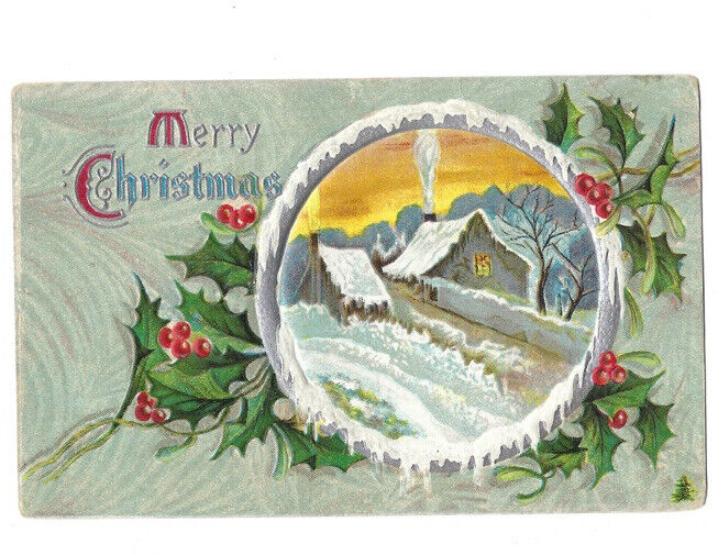 c.1900s Merry Christmas House In Circle Of Ice Holly Mistletoe Postcard UNPOSTED