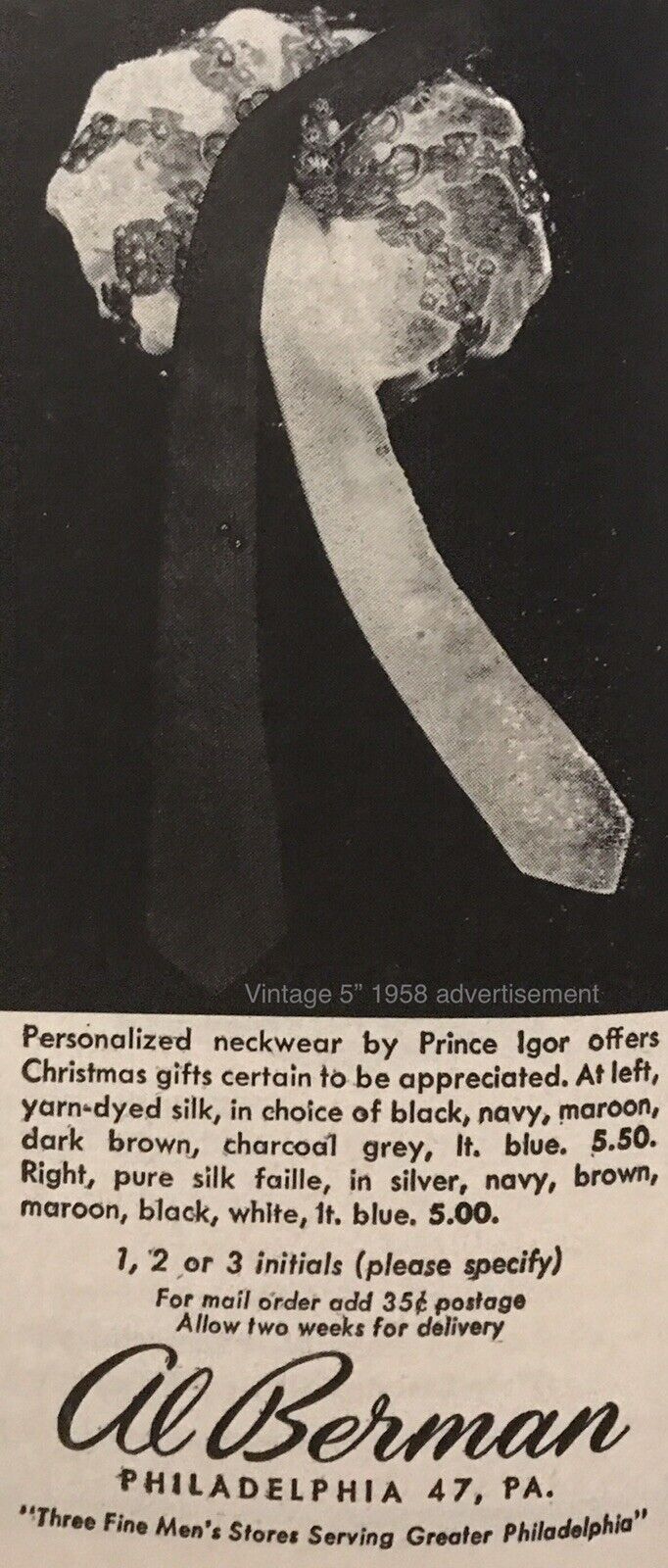 1958 Prince Igor Ties Al Berman Store NYC PRINT AD 5” VINTAGE PROMO