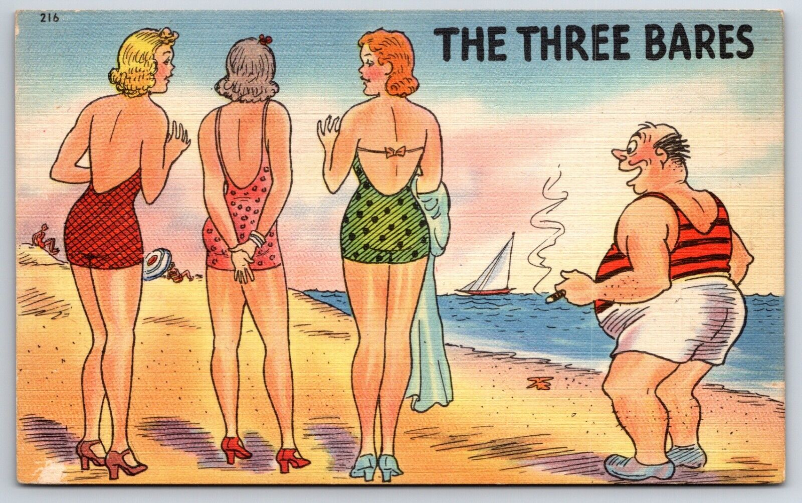 Comic Humor c1940's The Three Bares Beach Scene Vintage Postcard