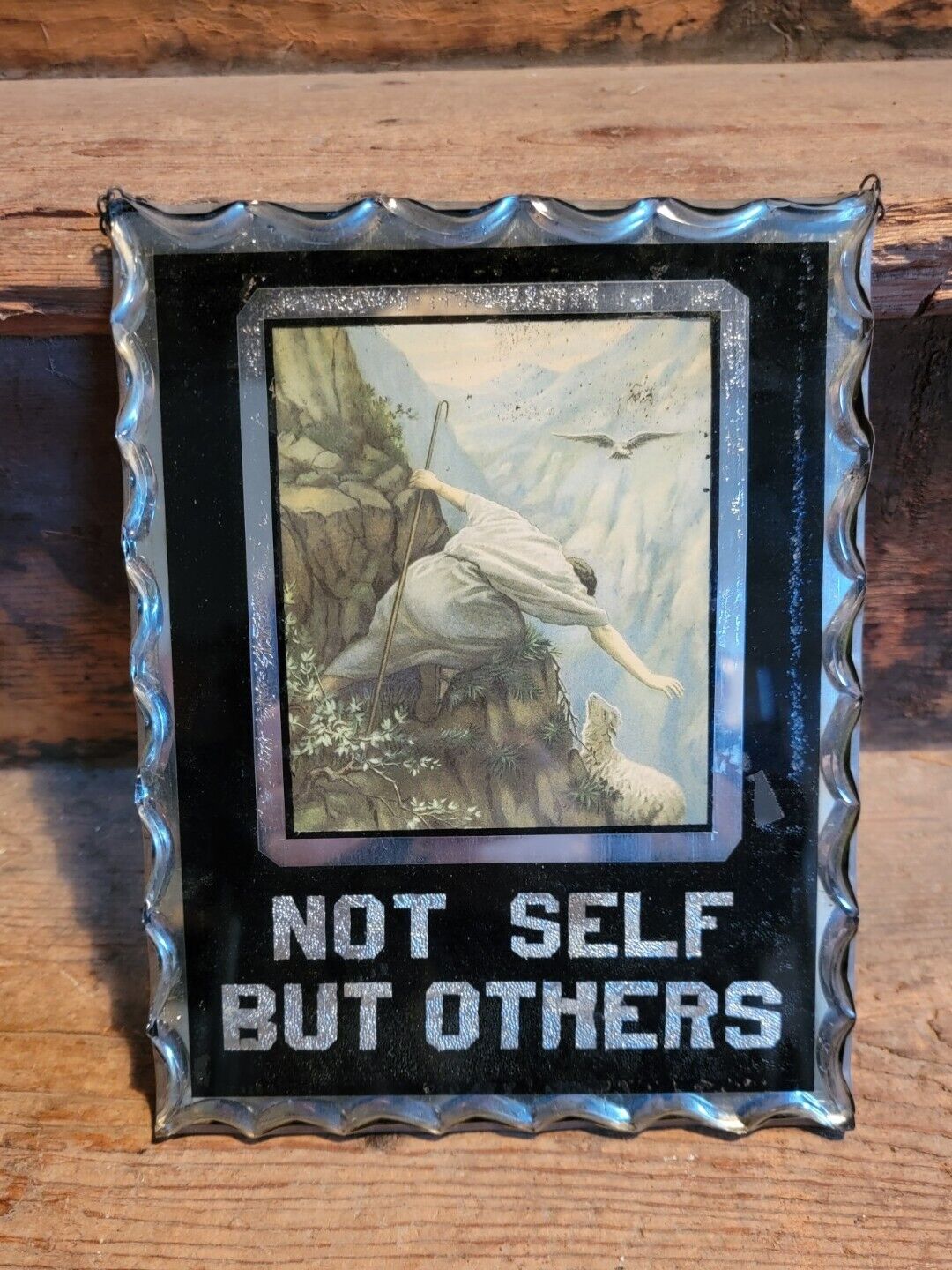 Antique Scalloped Edge Glass Reverse Paint And Foil Sign, Not Self But Others