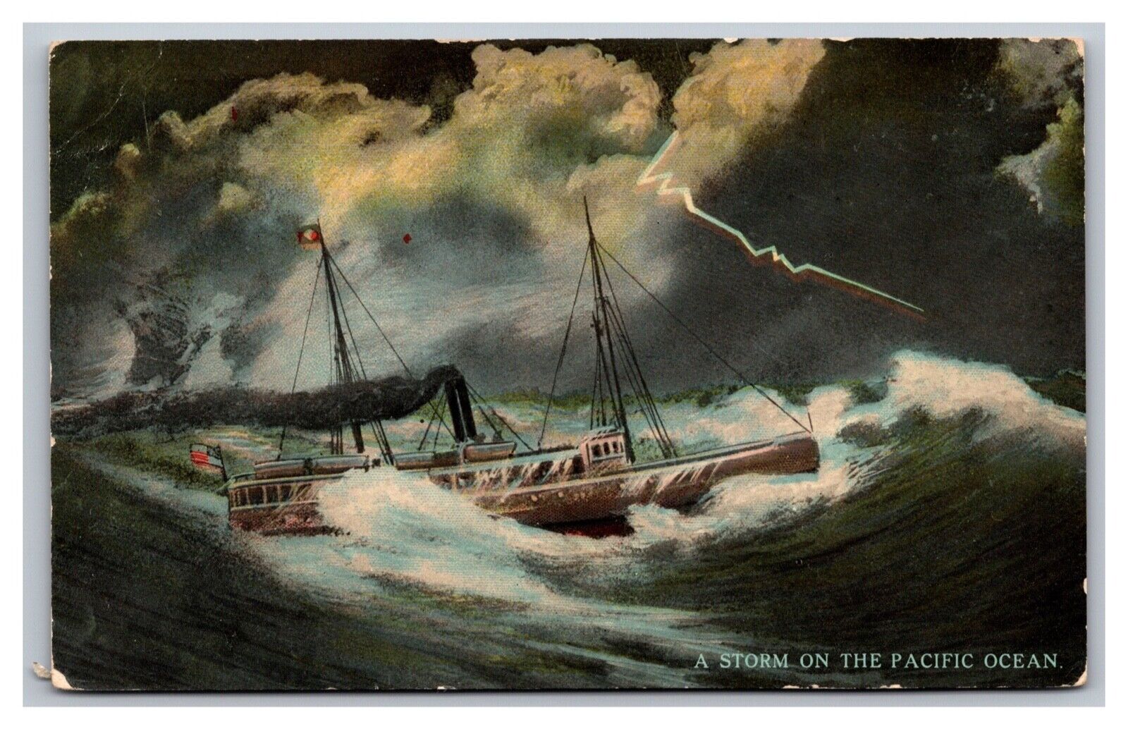 A Storm on the Pacific Ocean Ship Night View Divided Back Postcard