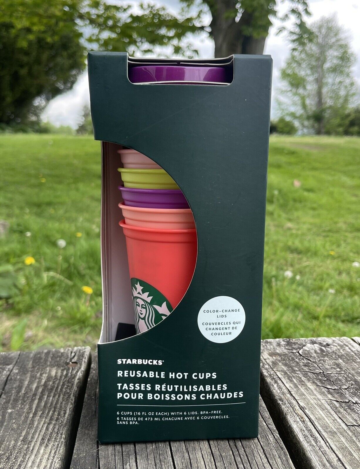 Brand New In Box Starbucks Reusable Hot Cups 6 Pack With Color Change Lids