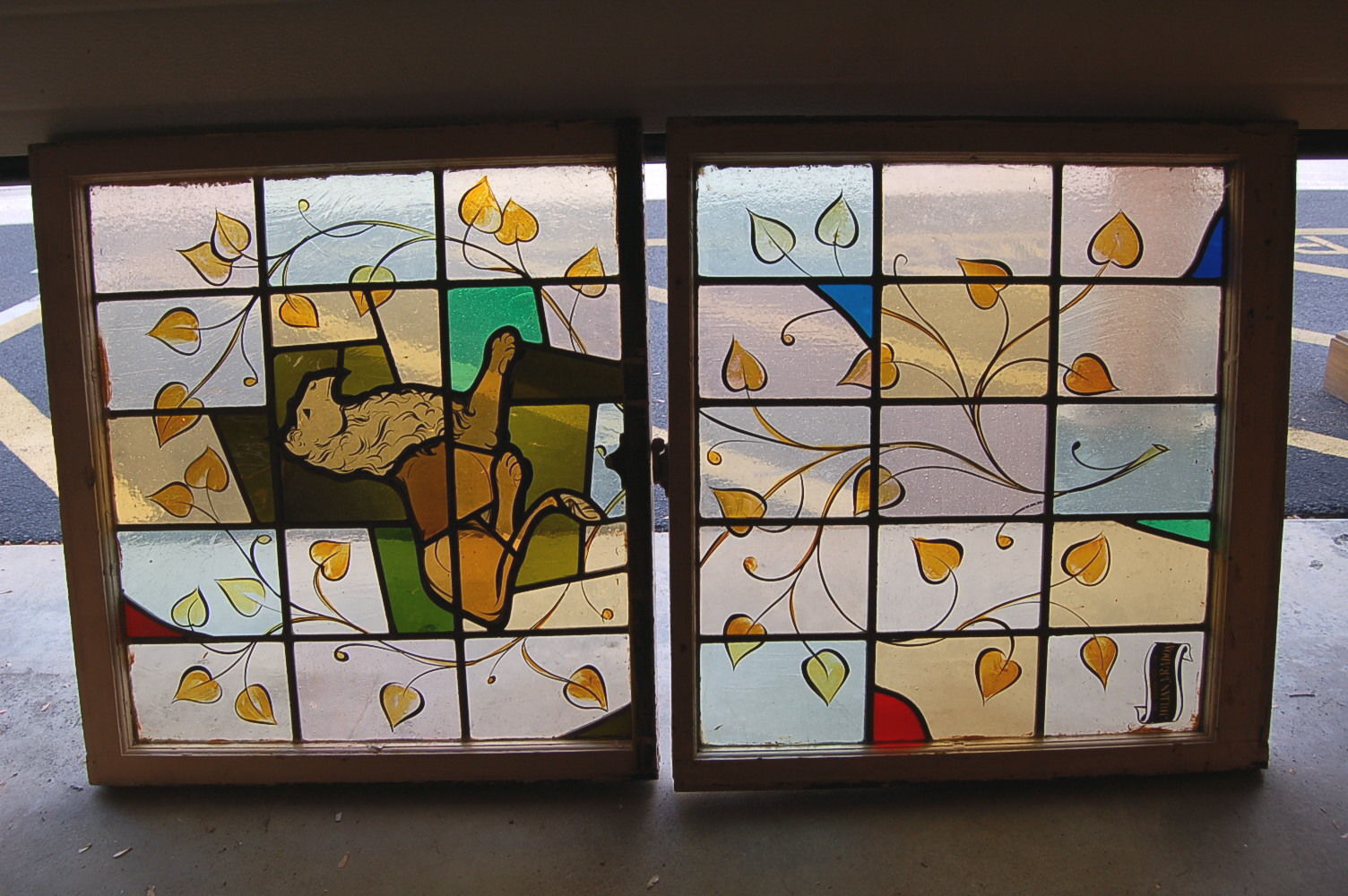 + Antique Stained Glass Window + In Double Hung Frames + \