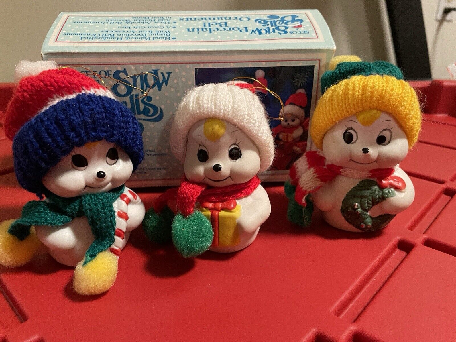 Vintage Set of 3 Snow Bells Snowmen Christmas Porcelain Bells Ornaments IN BOX