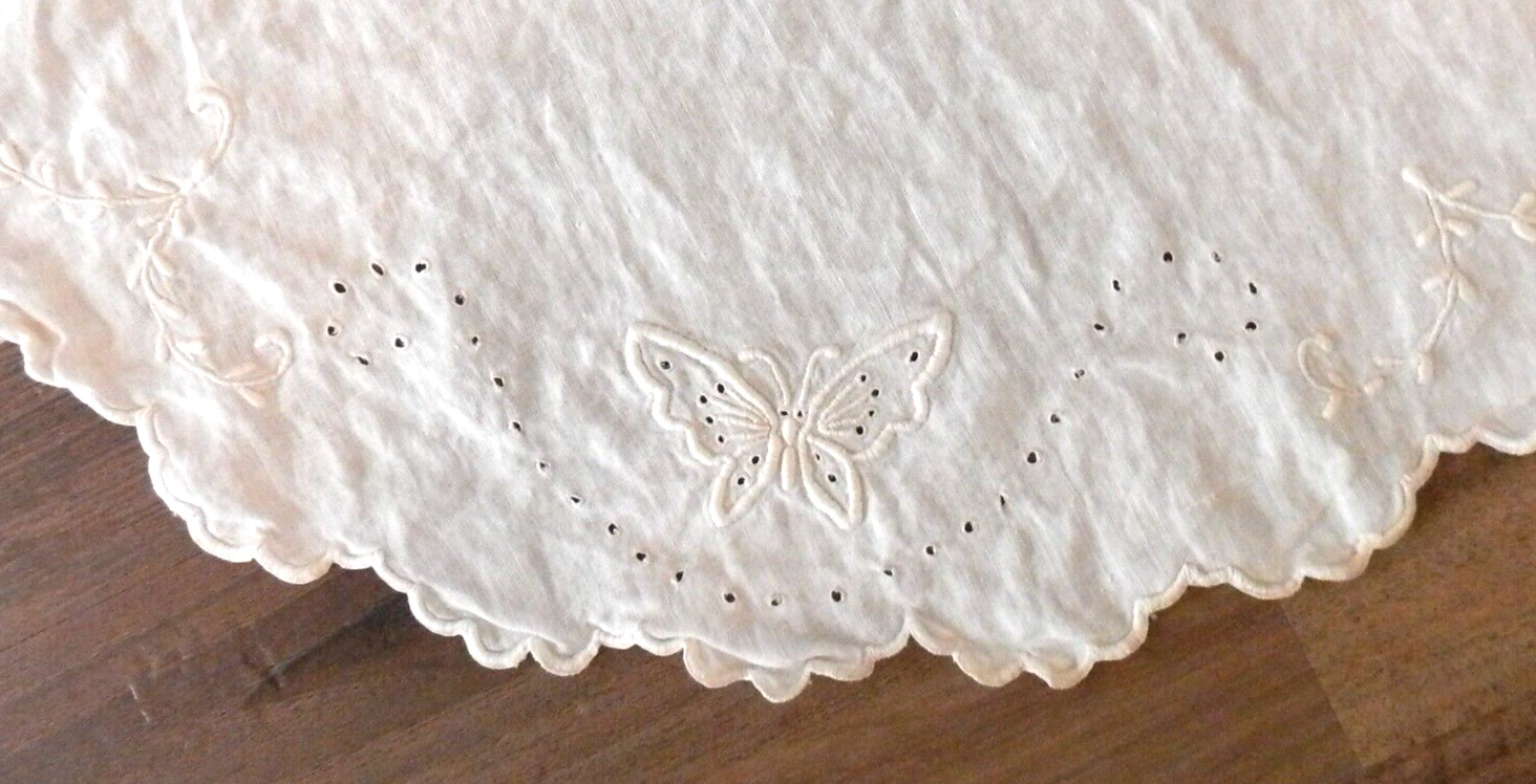 Vintage Large Doily White Cotton Fabric Butterfly Embroidered Cut Work Round 24\