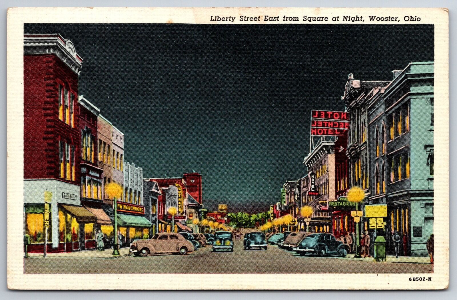 Wooster Ohio~Downtown Liberty Street @ Night~Mail Dropbox~1946 Linen Postcard