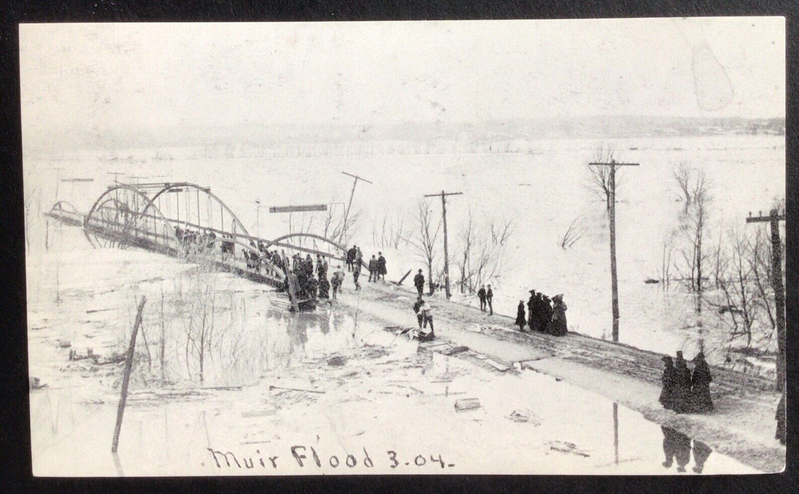 Muir Michigan Flood Scene People Bridge Postcard