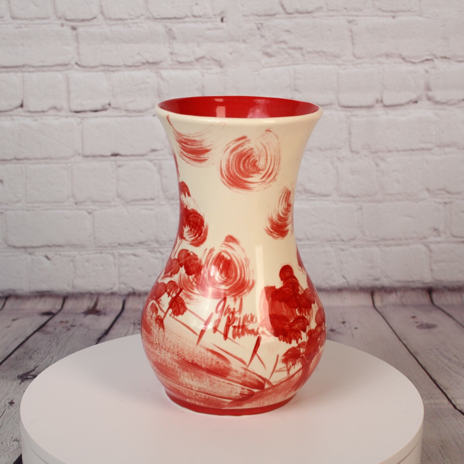 Vintage Gail Pittman Red Toile Vase Handmade