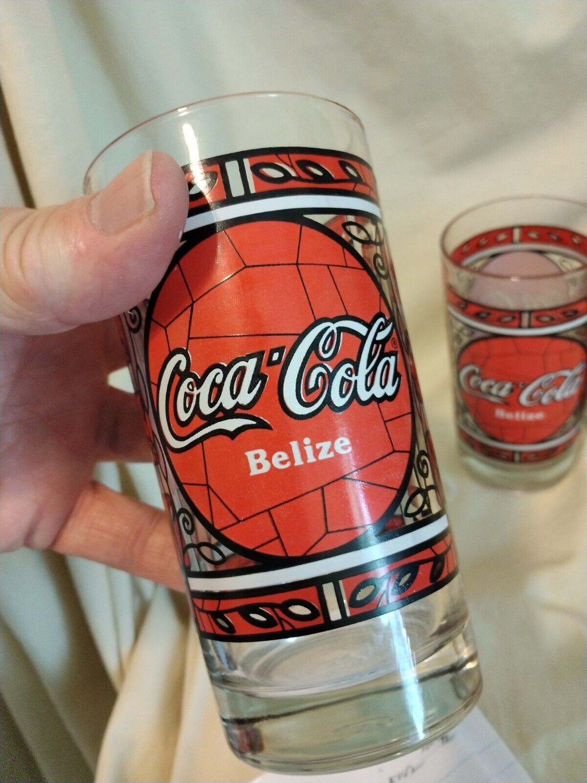 VERY RARE SET OF FOUR DRINK COCA-COLA BELIZE DRINKING GLASSES 5.25-IN TALL NICE