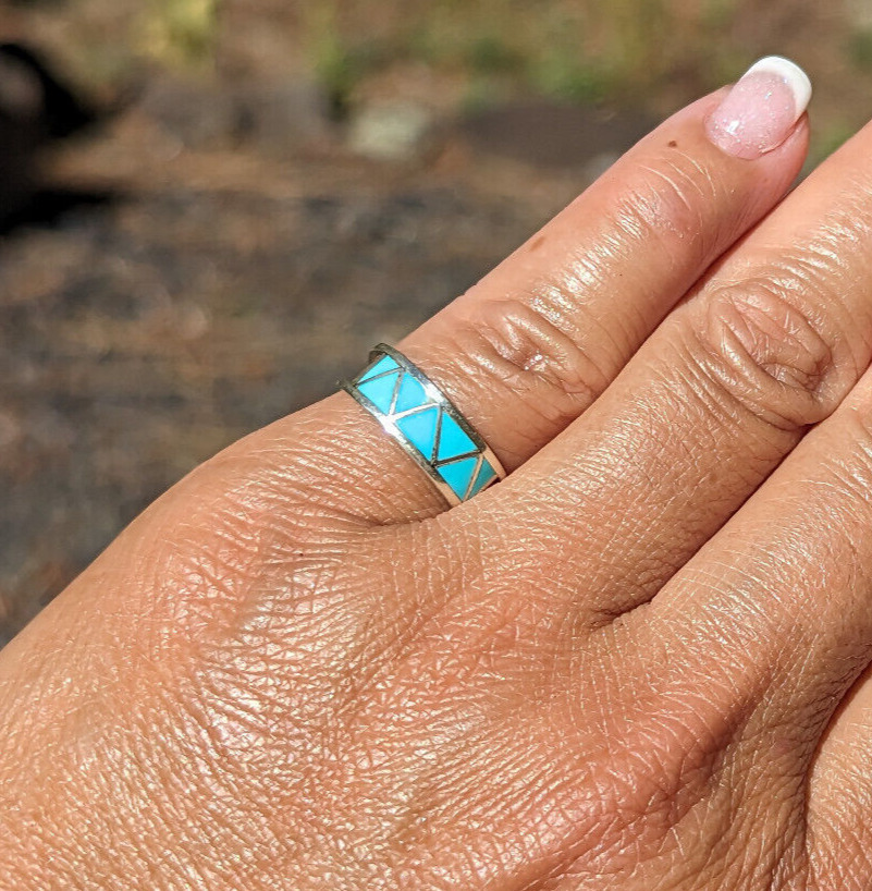 Zuni Ring Sterling Silver Turquoise Inlay Native American Jewelry Sz 5.5US