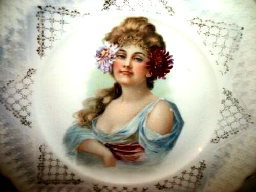VICTORIAN LADY PORTRAIT CABINET PLATE STUNNING HP LUSTER HP LUSTER STARBURST