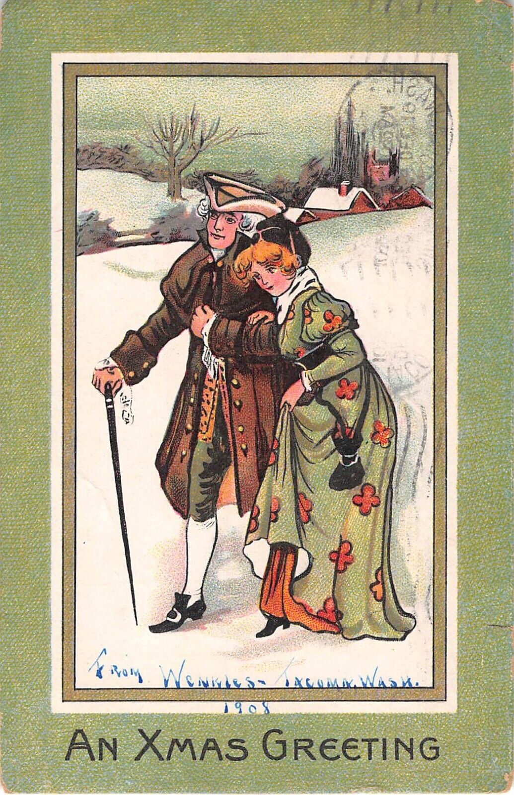 1908 Christmas Postcard of a Colonial Couple Walking Through the Snow