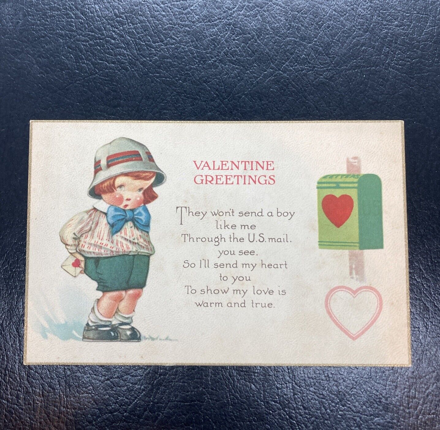Vintage Postcard Valentine Boy Red Hair Bow Tie Hat Mailbox Posted 1925