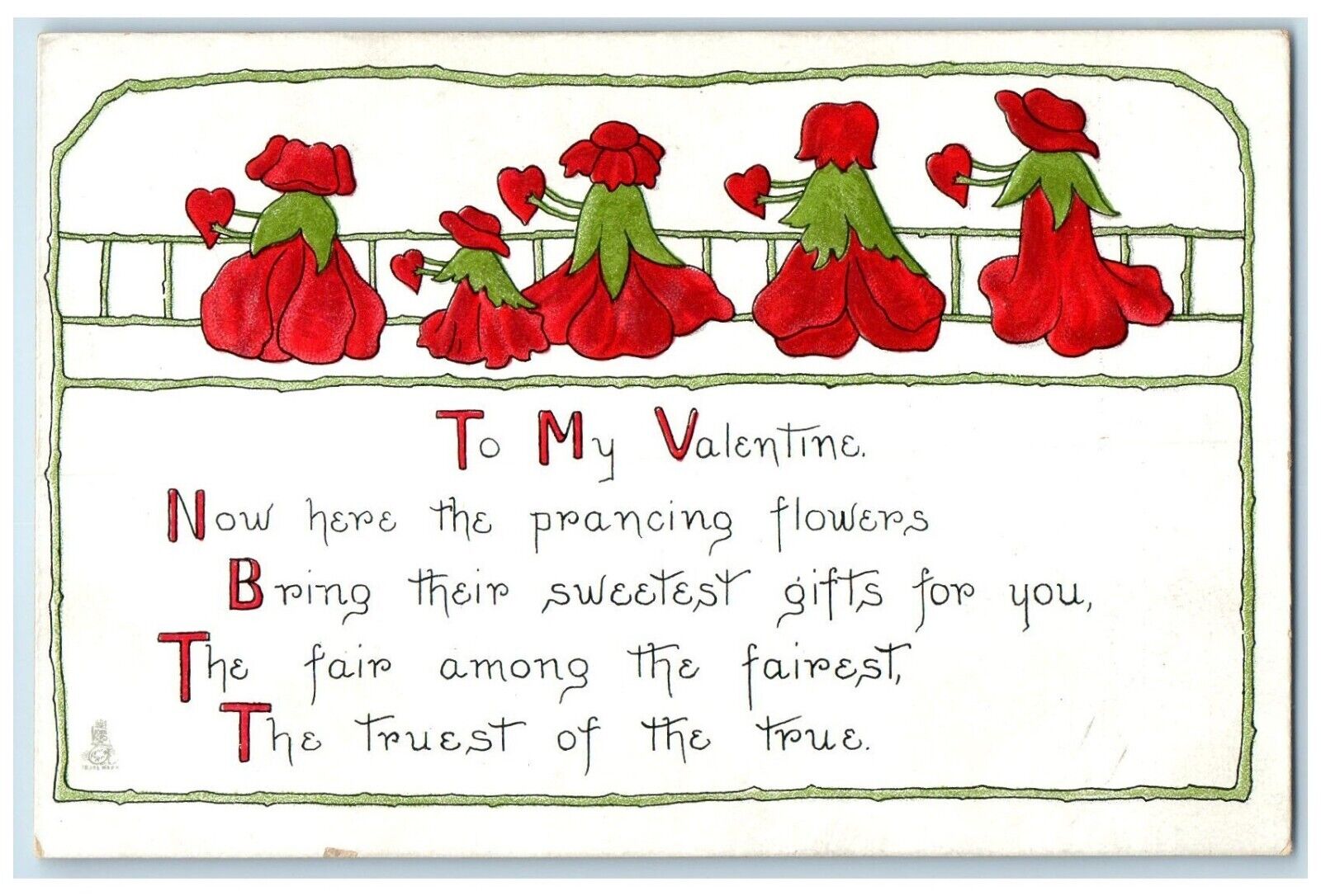 c1910\'s Valentine Prancing Flowers Embossed Tuck\'s Posted Antique Postcard