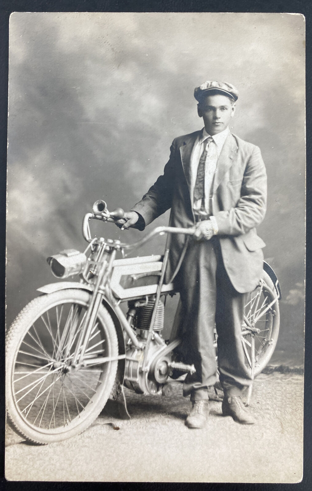 Mint USA Real Picture Postcard Early Motorcycle And Driver