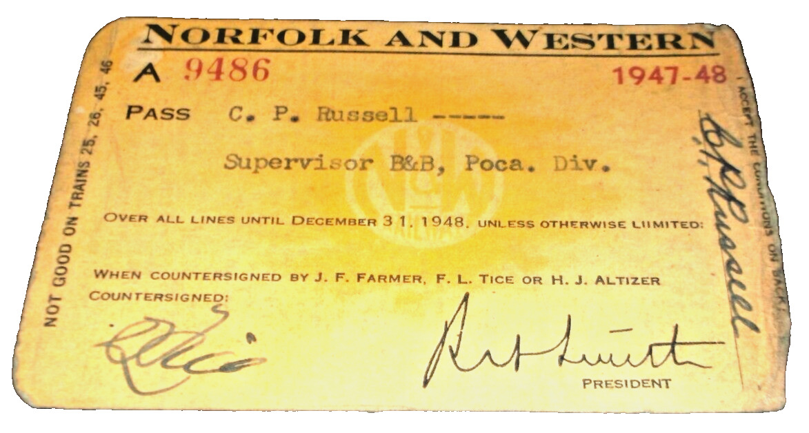 1947 1948 NORFOLK & WESTERN RAILROAD EMPLOYEE PASS #A9486