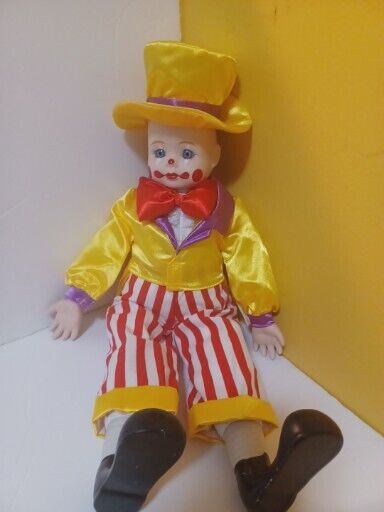 Vintage Porcelain Happy Clown Doll Red Yellow Suit Hand Painted Face 